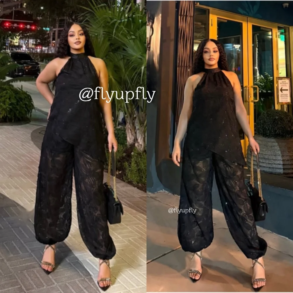 ZARA Set 2pc SEQUINED BALLOON PANTS AND TOP BLACK Size M